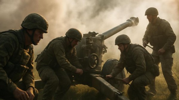 Soldiers operating artillery with smoke in a field.