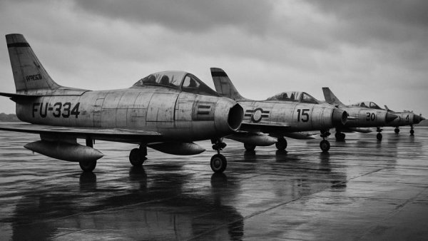 Line of vintage U.S. Air Force jets on wet tarmac, historical military aviation.