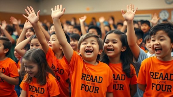Excited children at Read to the Final Four event, cheering.