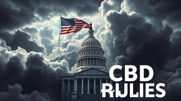 Intense political illustration with CBD bottle and government backdrop.