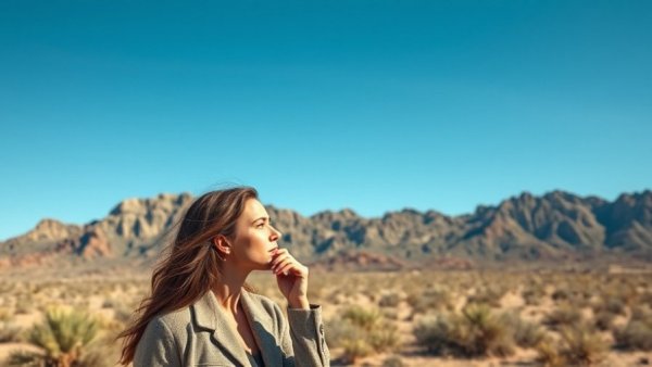Living in Apache Junction AZ: woman thinking amidst desert landscape.