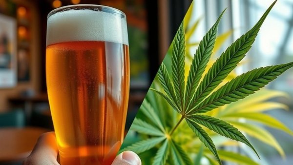 Beer and cannabis leaf side by side representing the cannabis industry