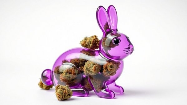 Colorful glass bunny with cannabis buds, Easter strains theme.