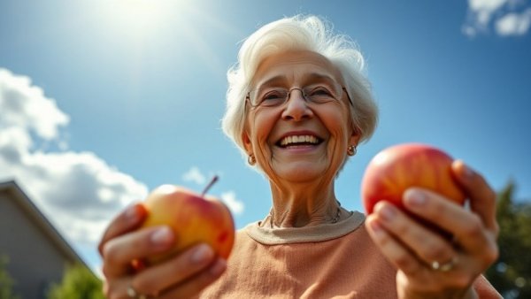 Cheerful elderly woman holding apples symbolizing nutrition for healthy aging.