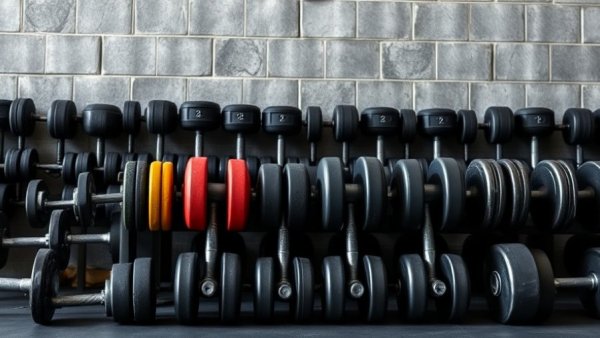 Clubbell training equipment arranged on a rack in a gym setting.