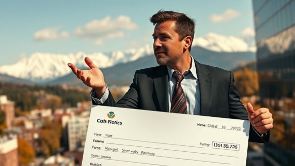 Businessman holding large check in cityscape with mountain view.