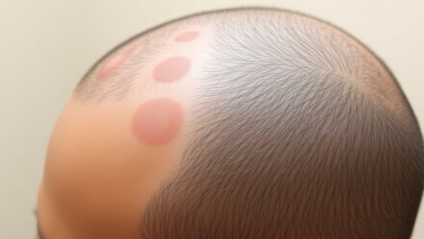 Close-up of alopecia areata on scalp showing hair loss patches.