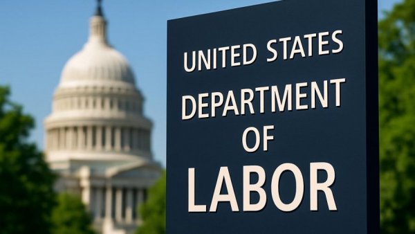 US Department of Labor sign with Capitol backdrop.