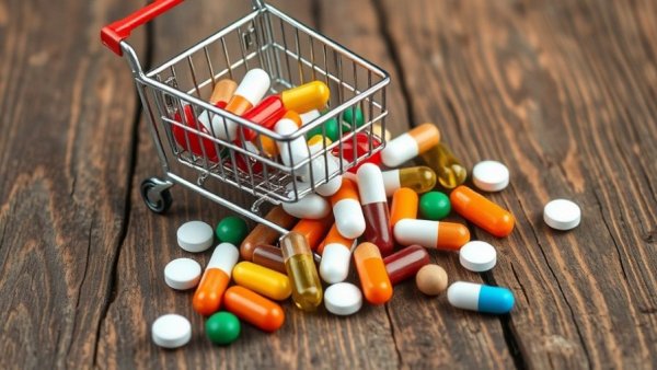 Assorted pharmaceutical pills and a shopping cart for drug advertisement proposals.