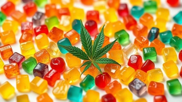 Colorful gummies and hemp leaf; Missouri intoxicating hemp THC products ban.