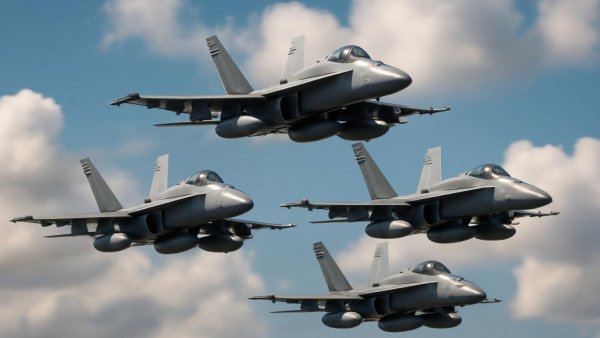 Military jets formation in blue cloudy sky, Air Force theme.