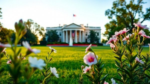 The White House and U.S. flag seen through spring blossoms.