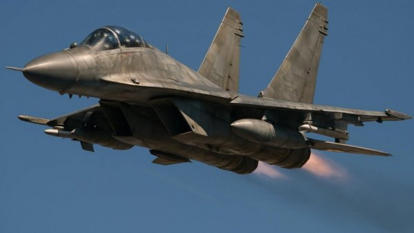 Military jet in action over a clear sky during F-15 Rescue Efforts in Iran.