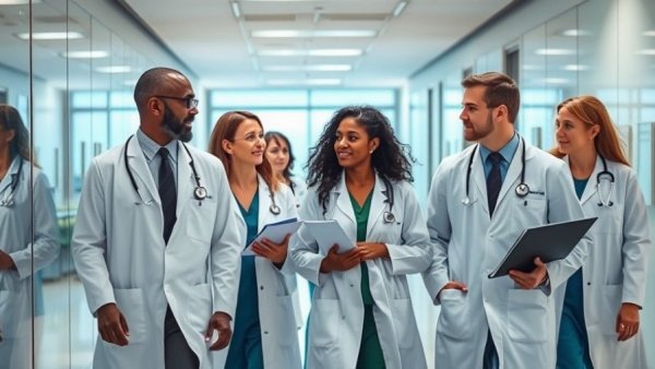 Doctors discussing in modern hospital, illustrating America's doctor shortage retention problem.