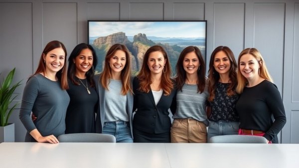 Five women smiling in a modern office, Arizona Real Estate Merger backdrop.