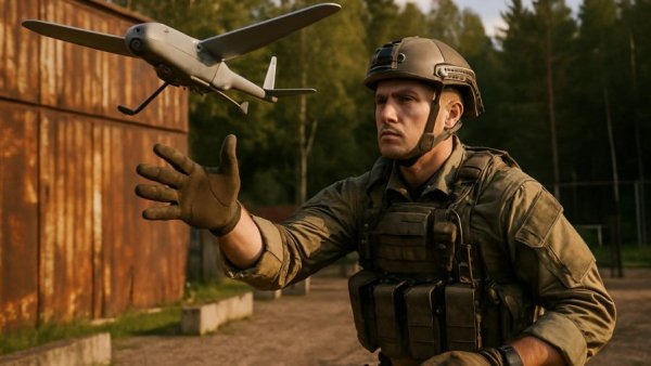Army personnel with drone in outdoor training area