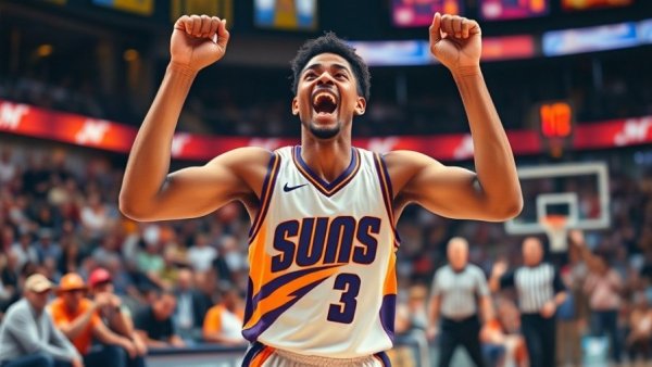 Dillon Brooks passionately cheering in Suns jersey on basketball court.