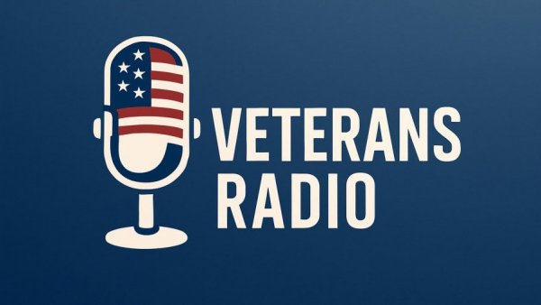 Veterans Radio logo with American flag motif on blue background.