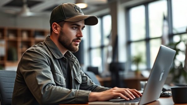 Man in office working on laptop with military decor, VA mortgage rates.