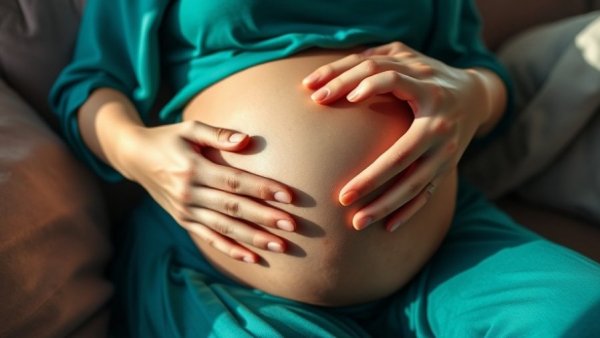 Pregnant woman resting calmly with hands on belly, highlighting racial inequalities in maternity care.