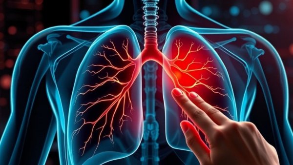 Illustrated X-ray view of lungs with bronchial highlights, reverse pulmonary fibrosis theme.