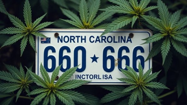 North Carolina plate over cannabis background, adult-use cannabis legalization.