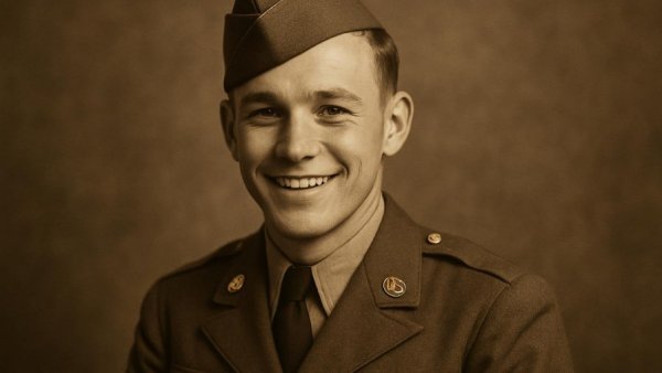 Vintage military portrait of a young smiling soldier in uniform