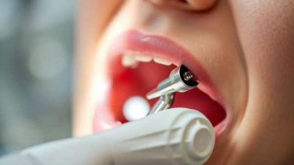 Close-up of dental handpiece in use for tooth treatment.