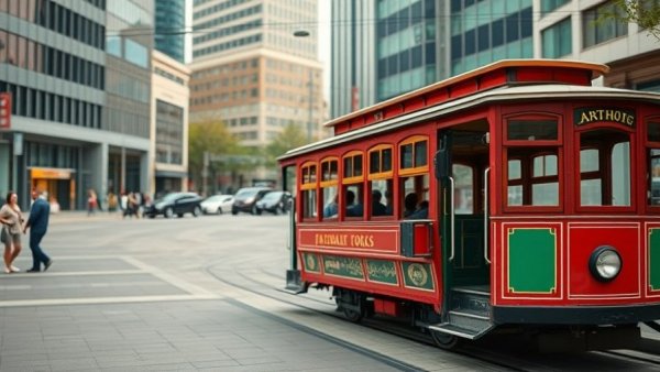 Downtown Greenville free trolley parked in a city square.