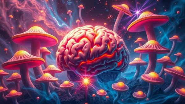 Colorful psychedelic mushrooms and brain illustration depicting how psychedelics affect the brain.