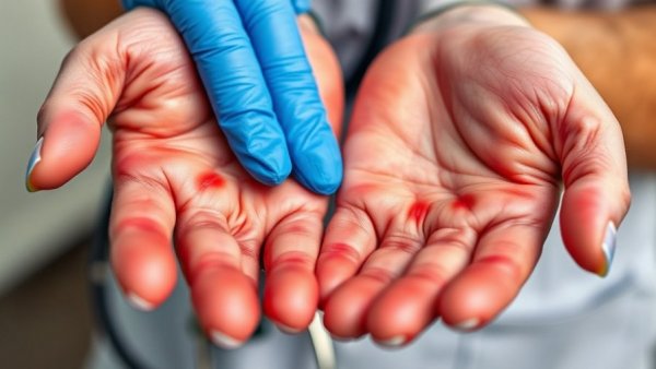 Close-up of Benzalkonium Chloride allergy symptoms on hands being examined.