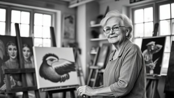Nancy Kravetz art exhibition preparation in a bright studio with supplies.