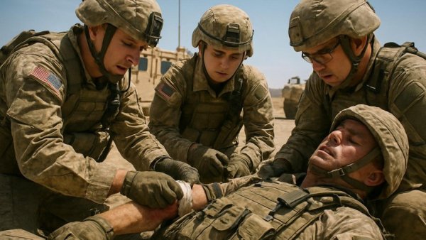 US military medics aid wounded soldier showcasing readiness for drone warfare.