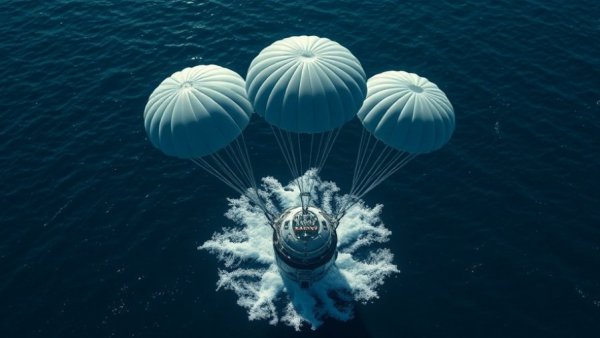 Artemis II splashdown with three parachutes in deep blue ocean
