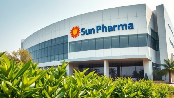 Modern Sun Pharma building with lush greenery.