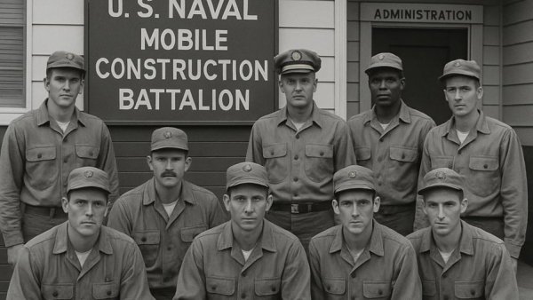 Navy Seabee group in uniform in front of administration building.