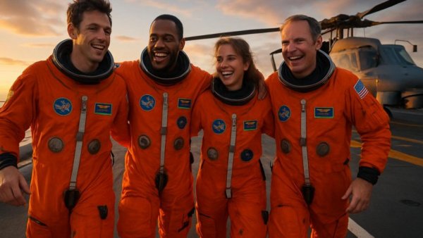Energetic Artemis II splashdown recovery scene on naval ship deck.