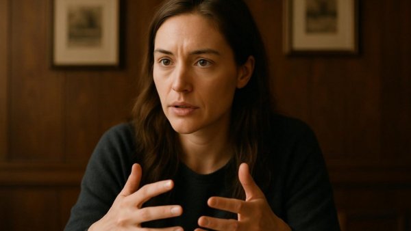 Woman discussing military service and seizures indoors.