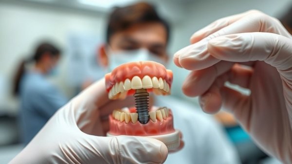 Close-up of dental implant model in clinical setting, implant prognosis model.