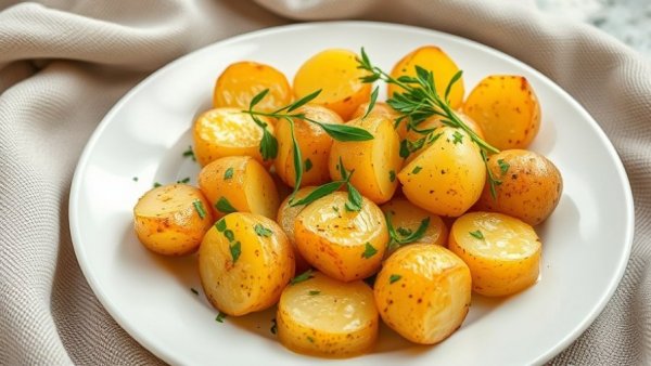Garlic butter potatoes garnished with herbs on a white plate.