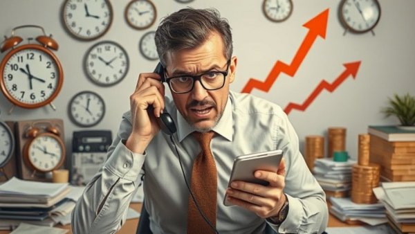 Too busy to make more money concept with stressed businessman.