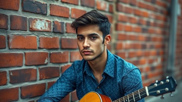 Young man at Greenville SC event sitting by brick wall.
