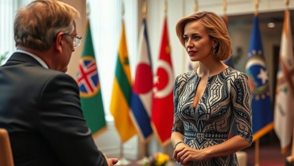 Woman discussing in office, European and US flags in background, Nikki Haley 2028 presidential run context.