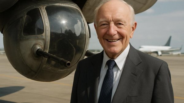 World War II B-17 gunner smiling in front of a ball turret.