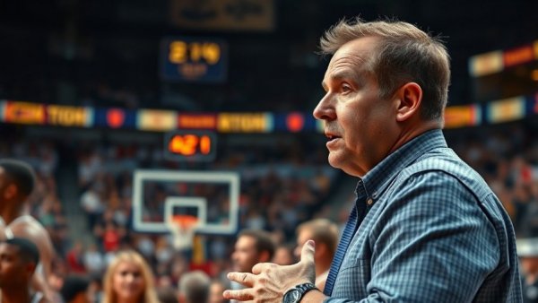 Focused coach directing players in a lively basketball arena.