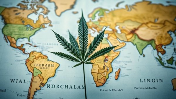 Cannabis leaf on world map representing international cannabis supply chain.