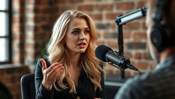 Blonde woman on podcast discussing cannabis legalization in studio