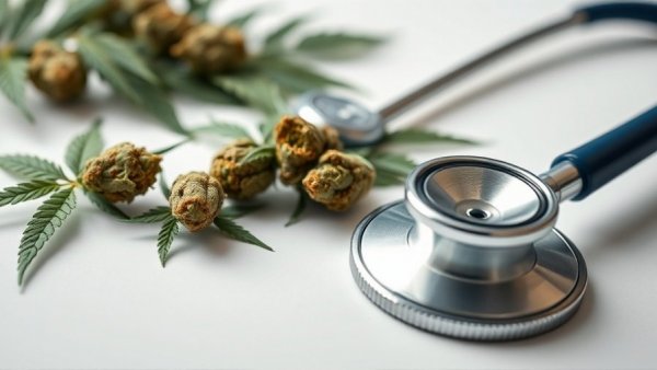 Medical marijuana buds and stethoscope on white surface, symbolizing medical marijuana use in hospitals.