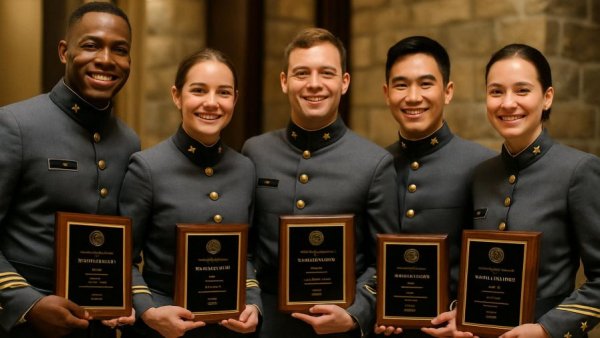 Cadets at Marine Legacy Award ceremony holding plaques.
