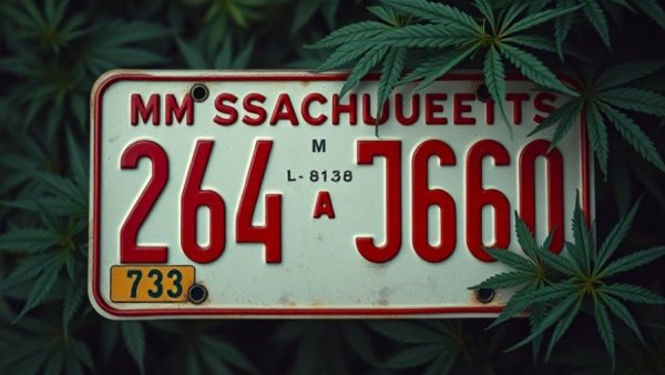 Massachusetts license plate with cannabis leaves background.